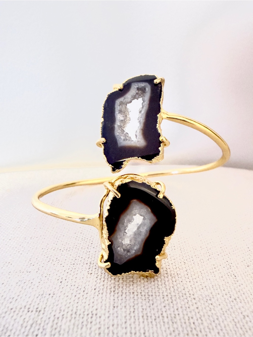 Black Agate Druzy Geode Cuff Bracelet Gold Tone Adjustable